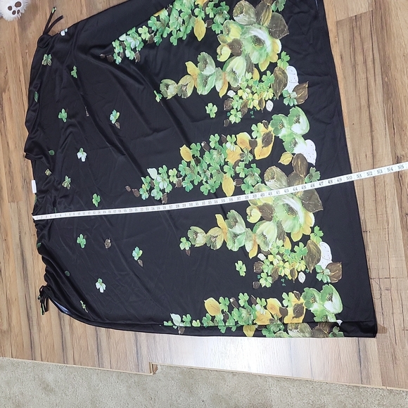 VINTAGE GRANADA Black Green Floral Mock Cinch Shoulder Mumu Kaftan Housecoat - Picture 9 of 11